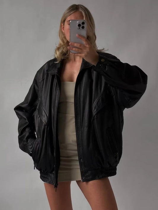 Oversized Black Leather Bomber Jacket: Women's Full Grain Sheep Leather