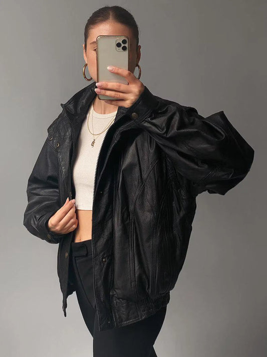Oversized Black Leather Bomber Jacket, Full Grain Sheep Leather