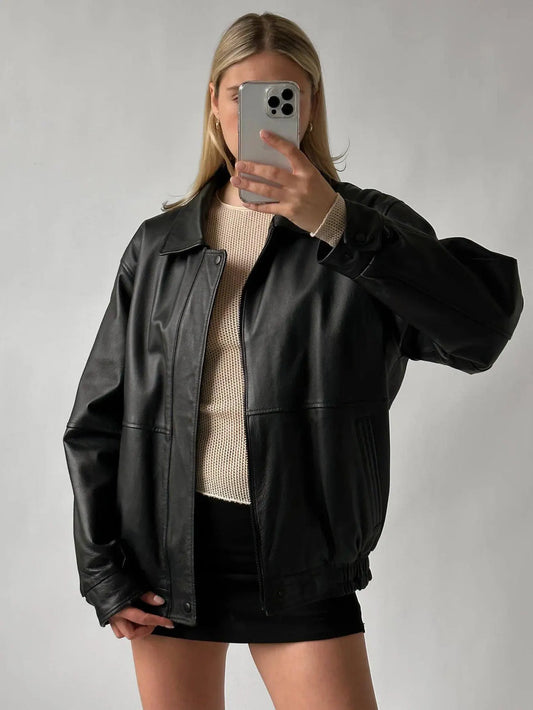 Oversized Black Leather Bomber Jacket: Women's Straight Cut Sheep Leather