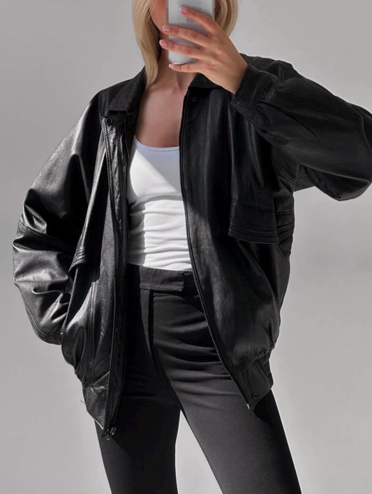 Oversized Black Leather Bomber Jacket: Women's Full Grain Sheep Leather