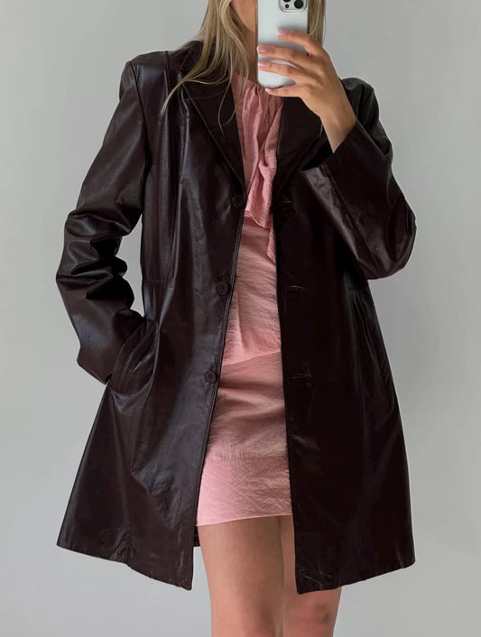 Burgundy Leather Trench Coat, Wool Blend, Women's Straight Cut