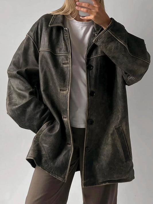 Acid Wash Vintage Leather Long Coat - High Grain Real Leather