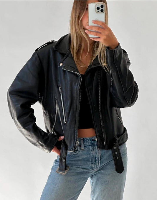 Women's Black Sheepskin Moto Jacket: Classic Biker Style