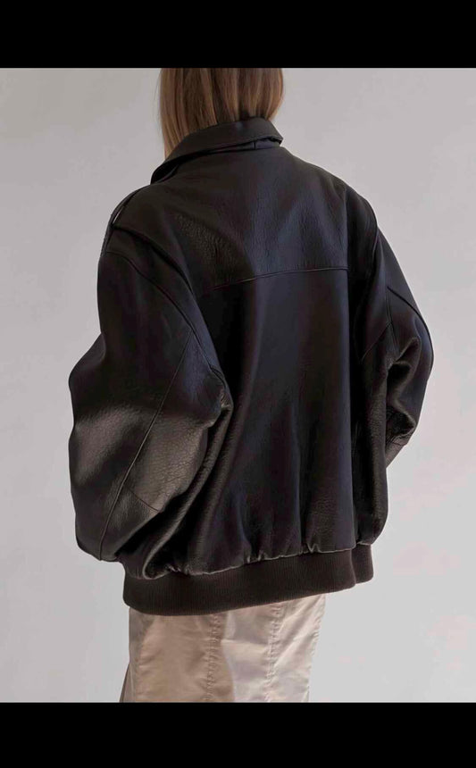 Oversized Black Leather Bomber Jacket: Women's Sheep Leather