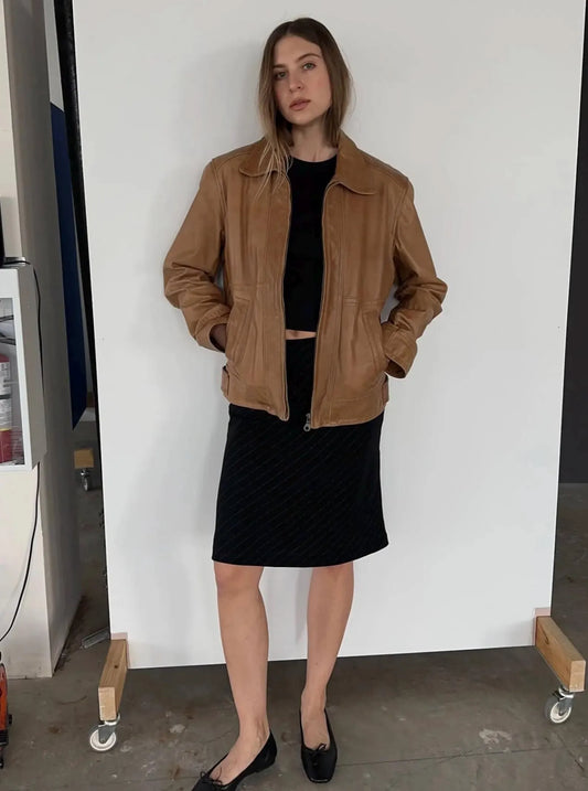 ladies Tan Leather Bomber Jacket: Women's Vintage Sheep Leather