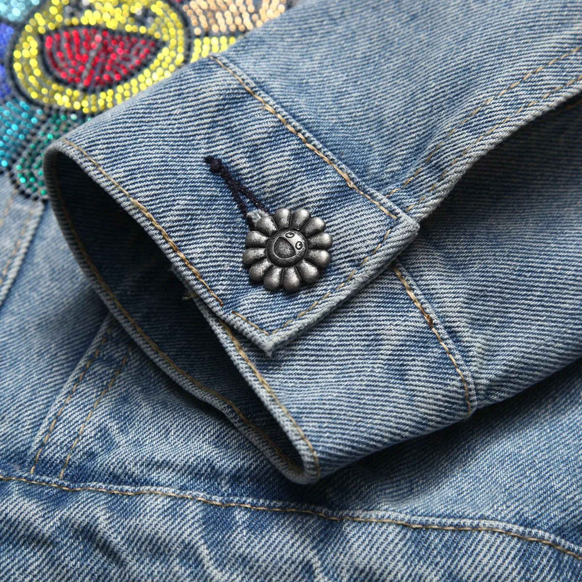 Denim Tears Smiley Flower Rhinestone Denim Jacket Light Blue