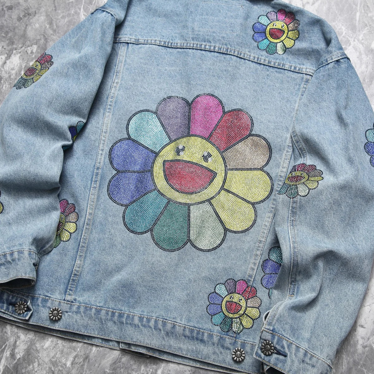 Denim Tears Smiley Flower Rhinestone Denim Jacket Light Blue