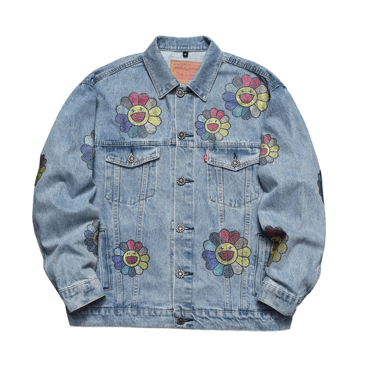 Denim Tears Smiley Flower Rhinestone Denim Jacket Light Blue