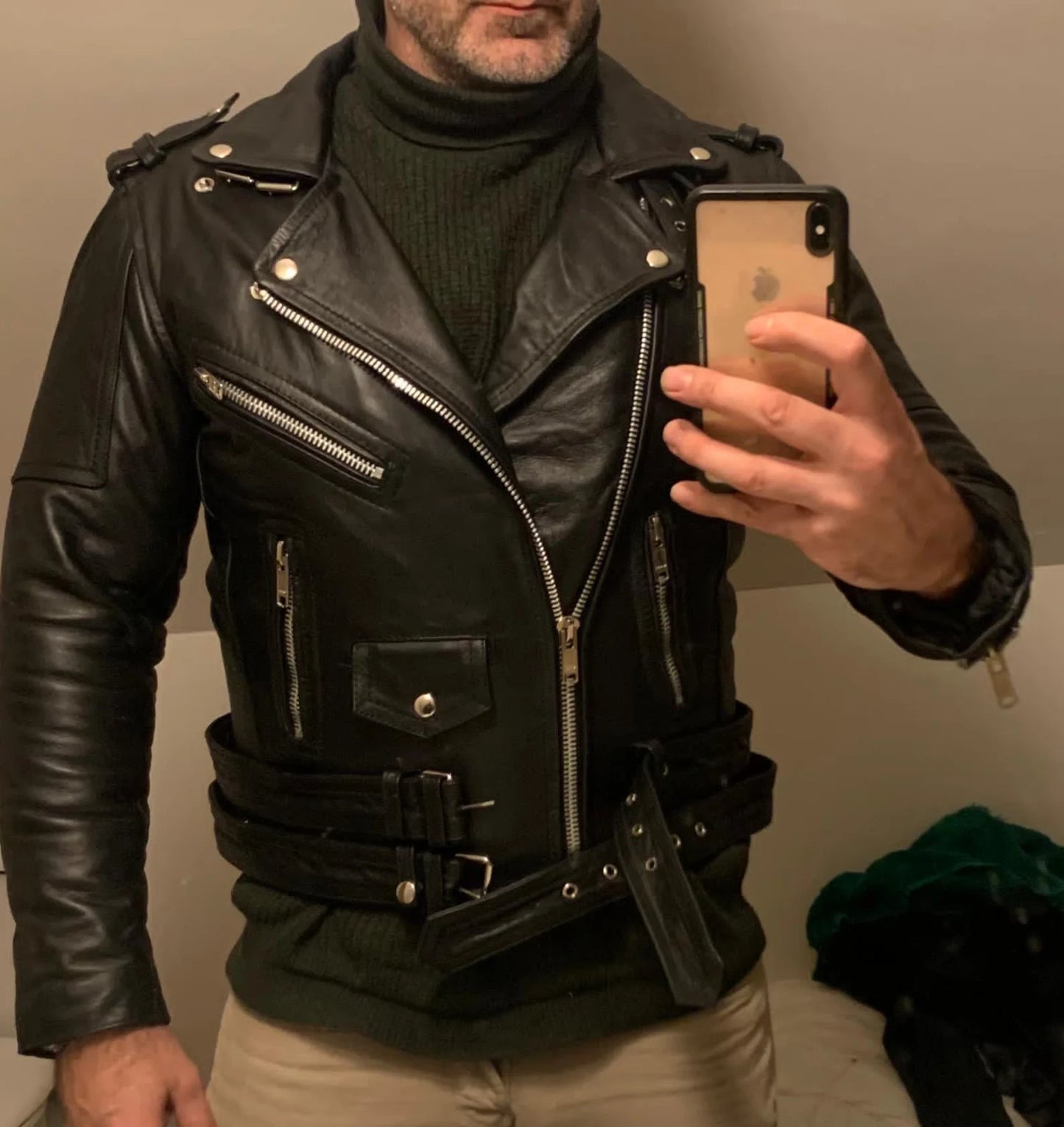 Men's Black Sheepskin Biker Jacket: Slim Fit Motorcycle Leather