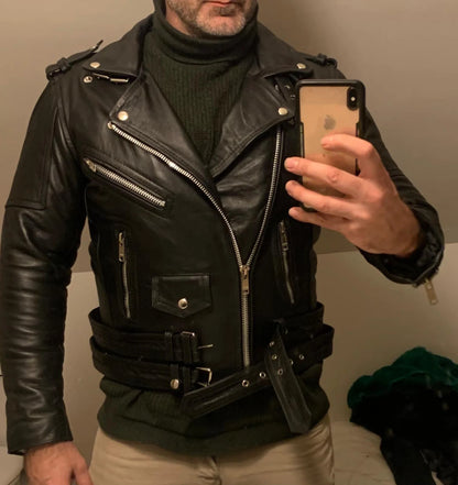 Men's Black Sheepskin Biker Jacket: Slim Fit Motorcycle Leather