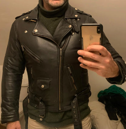 Men's Black Sheepskin Biker Jacket: Slim Fit Motorcycle Leather