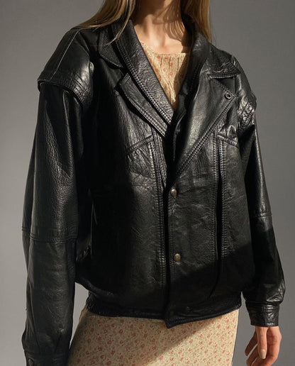 Oversized Black Leather Bomber Jacket: Women's Full Grain Sheep Leather