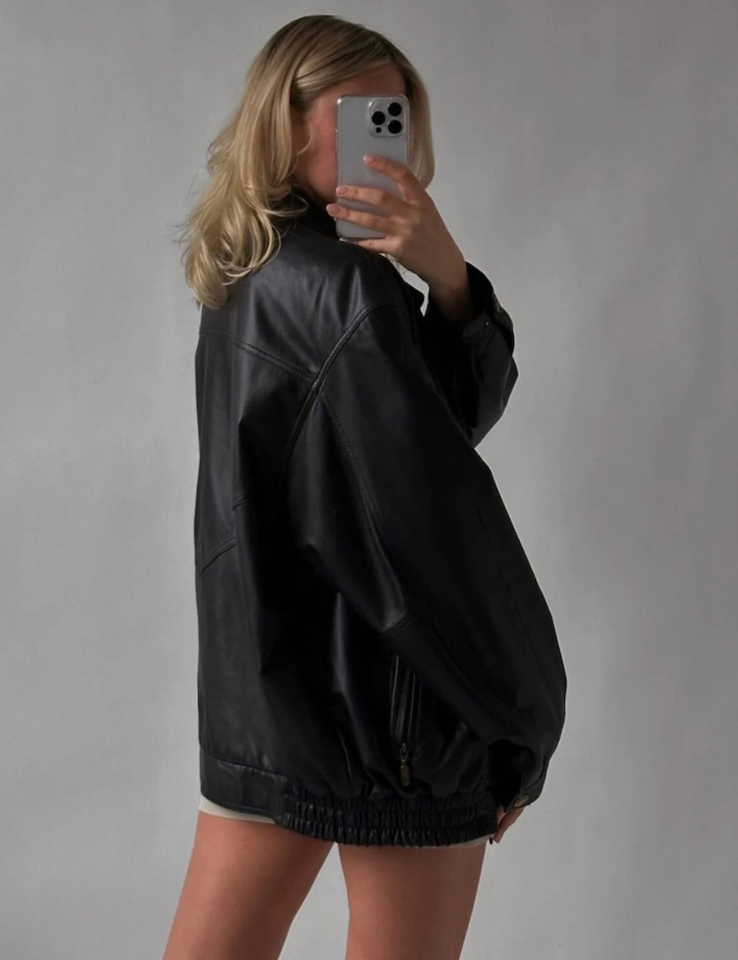 Oversized Black Leather Bomber Jacket: Women's Full Grain Sheep Leather