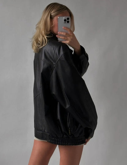 Oversized Black Leather Bomber Jacket: Women's Full Grain Sheep Leather