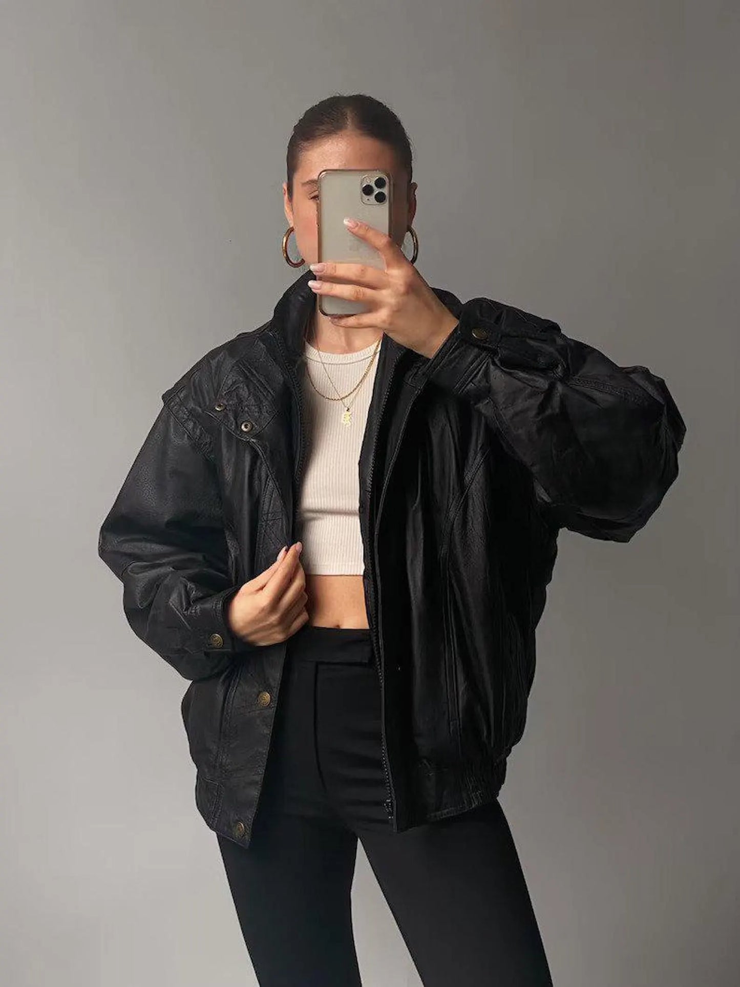 Oversized Black Leather Bomber Jacket, Full Grain Sheep Leather