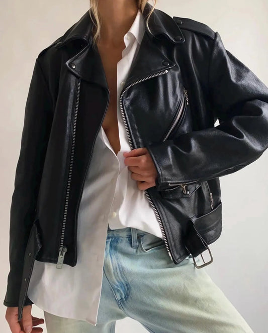Oversized Black Sheepskin Leather Biker Jacket - Classic Women's Motorcycle Jacket
