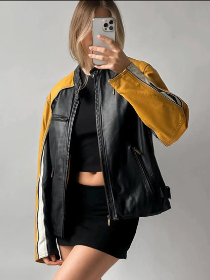 Women's Black Moto Biker Jacket: Yellow Stripe, Sheepskin Leather
