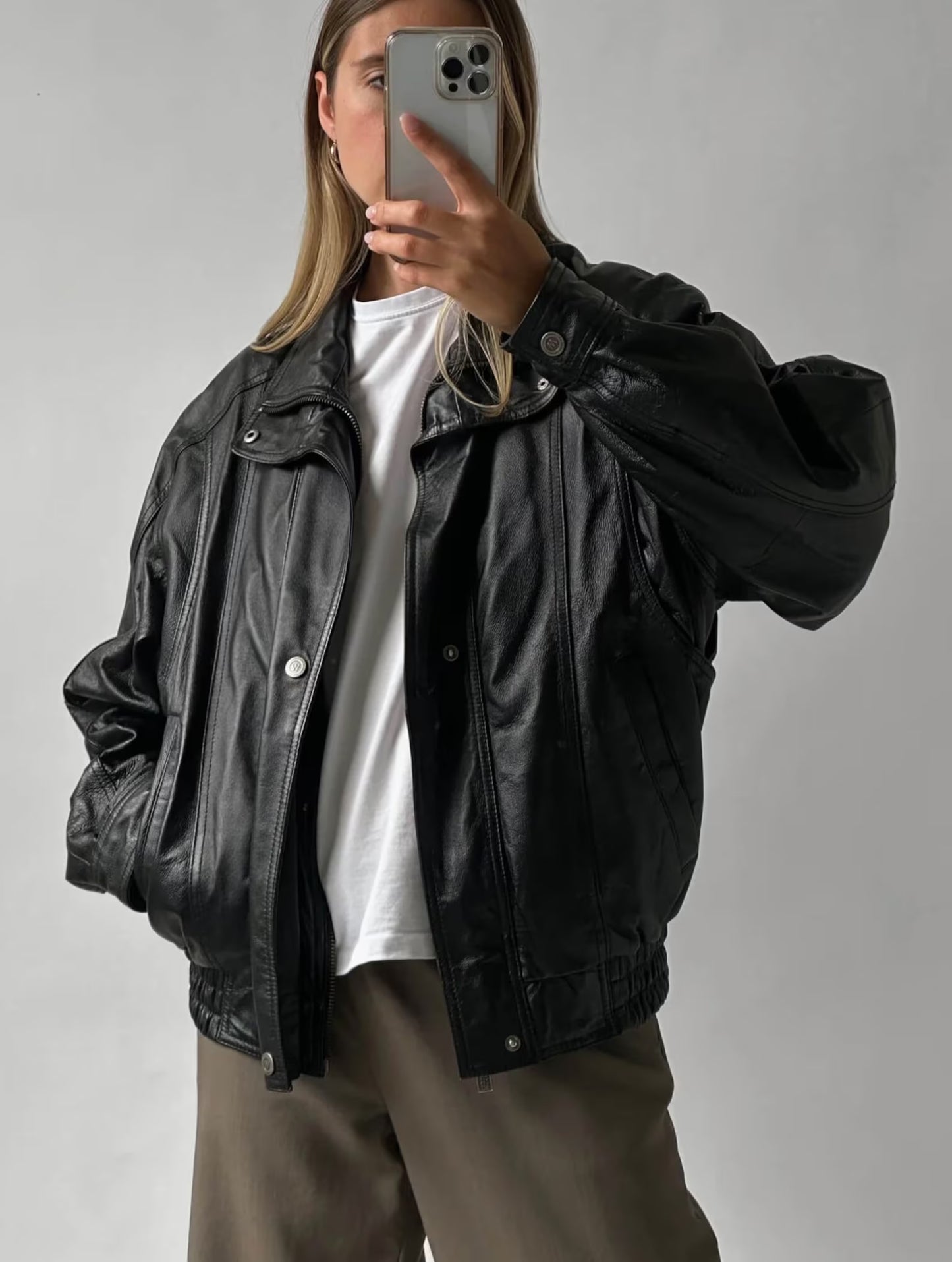 Oversized Black Leather Bomber Jacket: Women's Sheepskin Overcoat