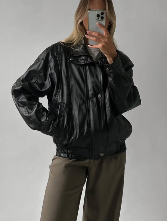 Oversized Black Leather Bomber Jacket: Women's Sheepskin Overcoat