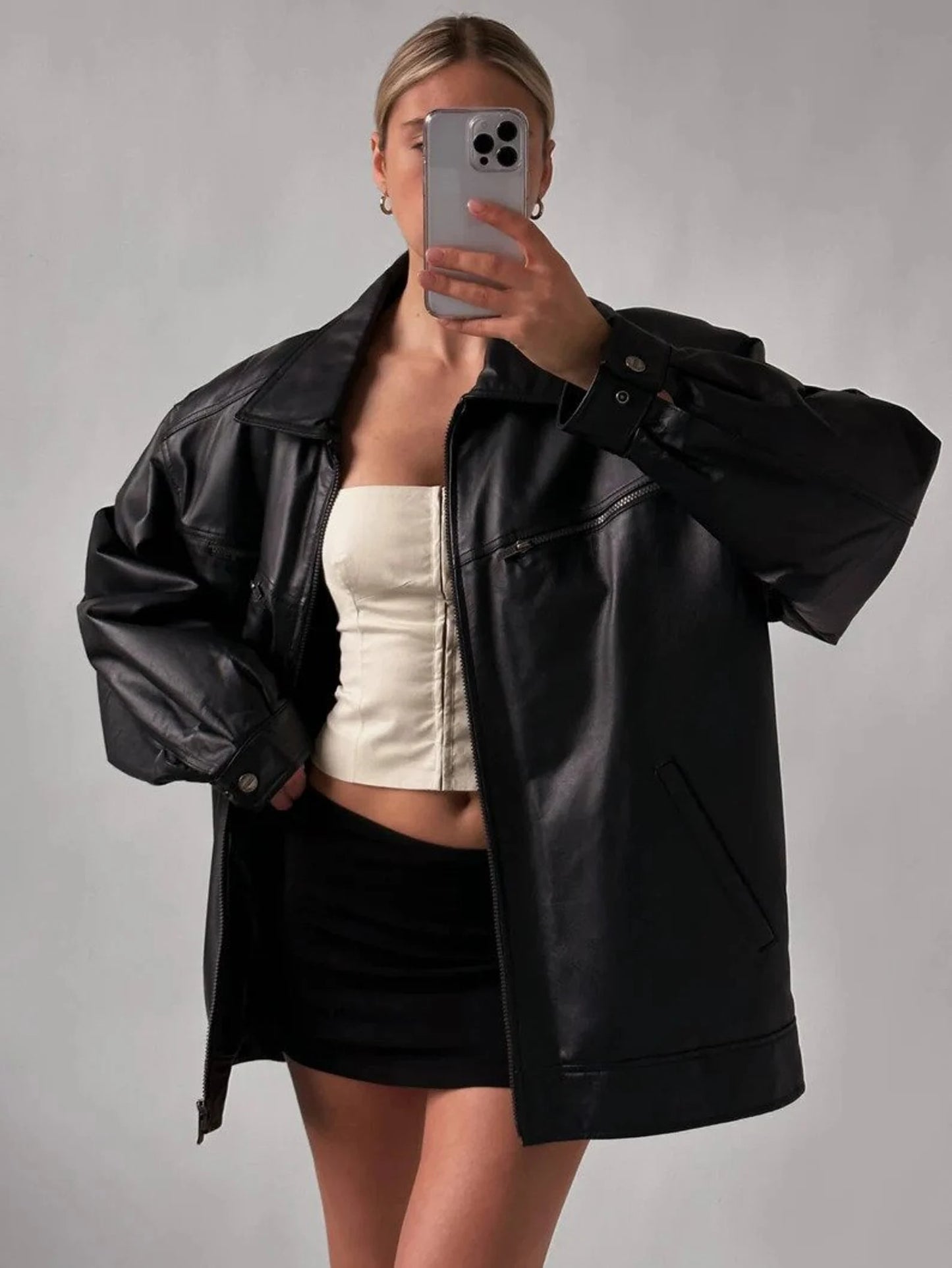 Oversized Black Sheep Leather Bomber Jacket - Women's Moto Style