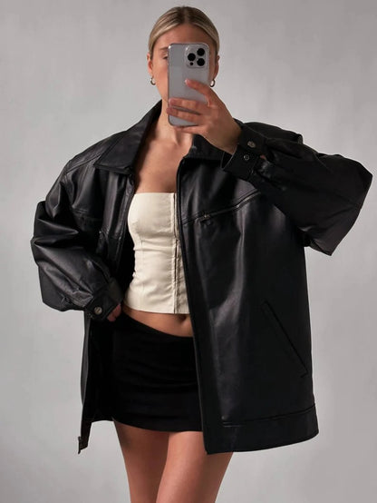 Oversized Black Sheep Leather Bomber Jacket - Women's Moto Style