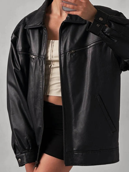 Oversized Black Sheep Leather Bomber Jacket - Women's Moto Style