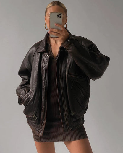Oversized Chocolate Brown Leather Bomber Jacket - Women's Genuine Sheep Leather