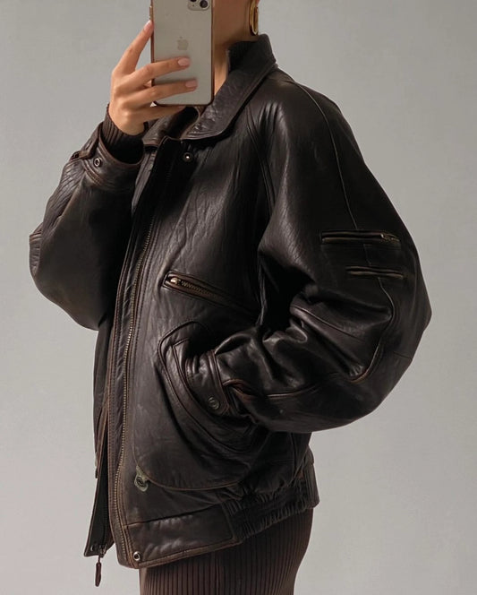 Oversized Chocolate Brown Leather Bomber Jacket - Women's Genuine Sheep Leather