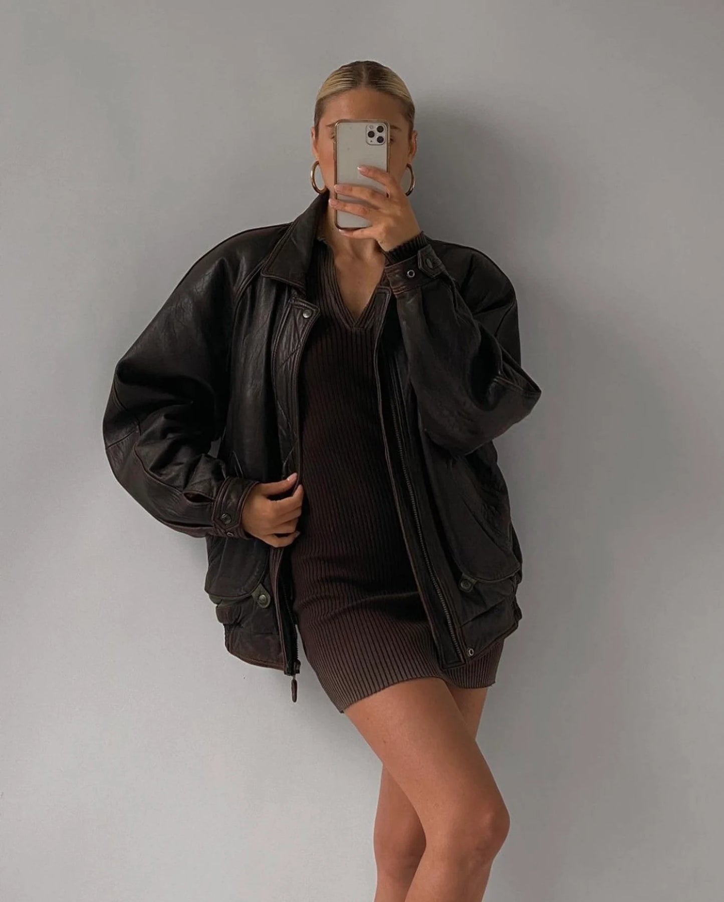 Oversized Chocolate Brown Leather Bomber Jacket - Women's Genuine Sheep Leather
