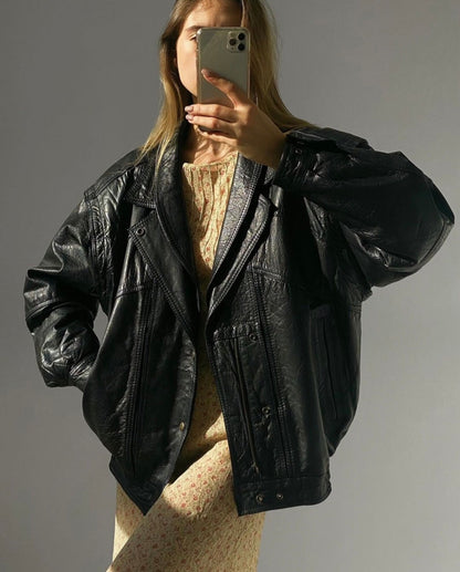Oversized Black Leather Bomber Jacket: Women's Full Grain Sheep Leather