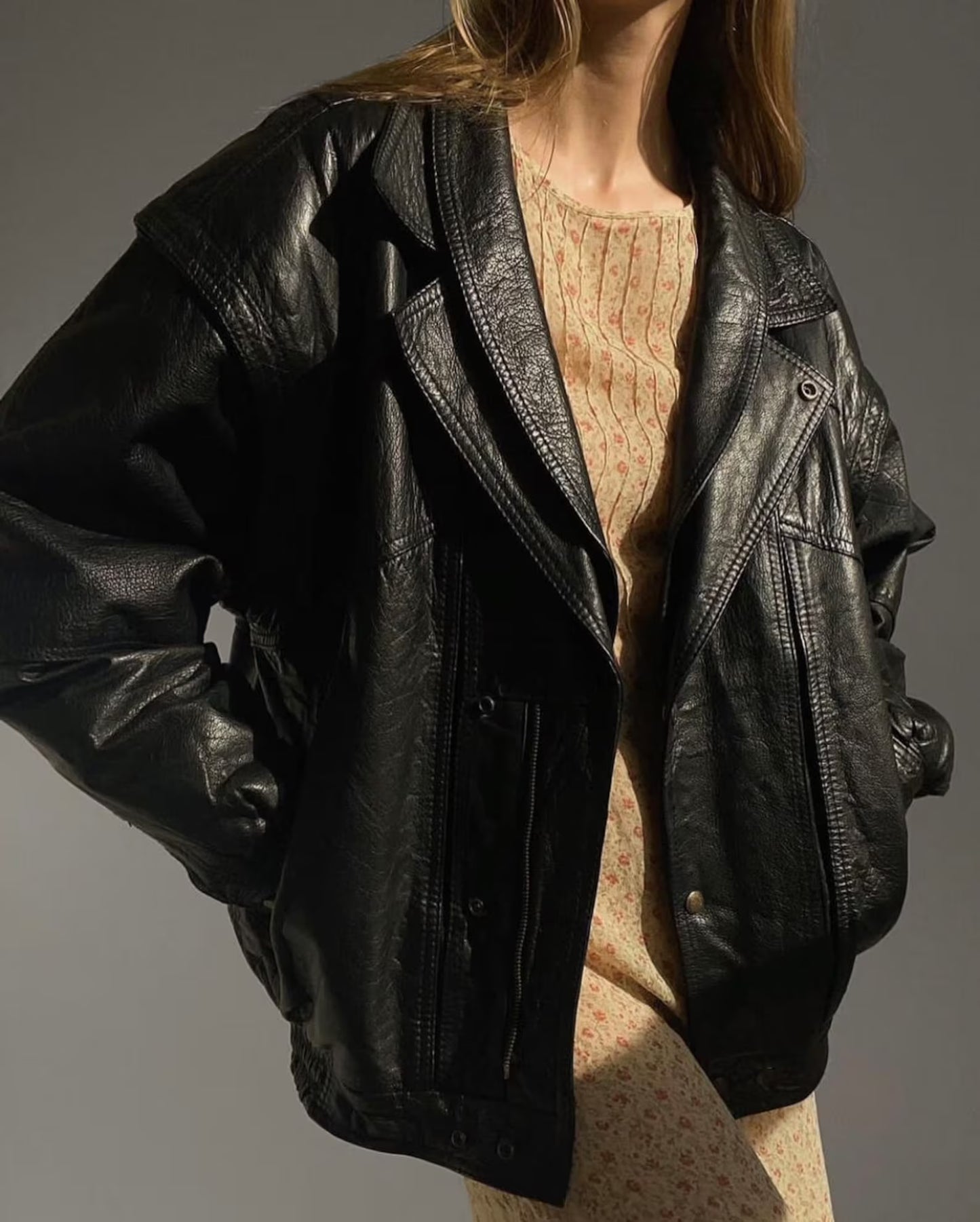Oversized Black Leather Bomber Jacket: Women's Full Grain Sheep Leather