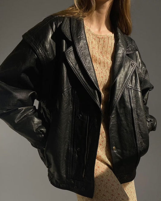 Oversized Black Leather Bomber Jacket: Women's Full Grain Sheep Leather