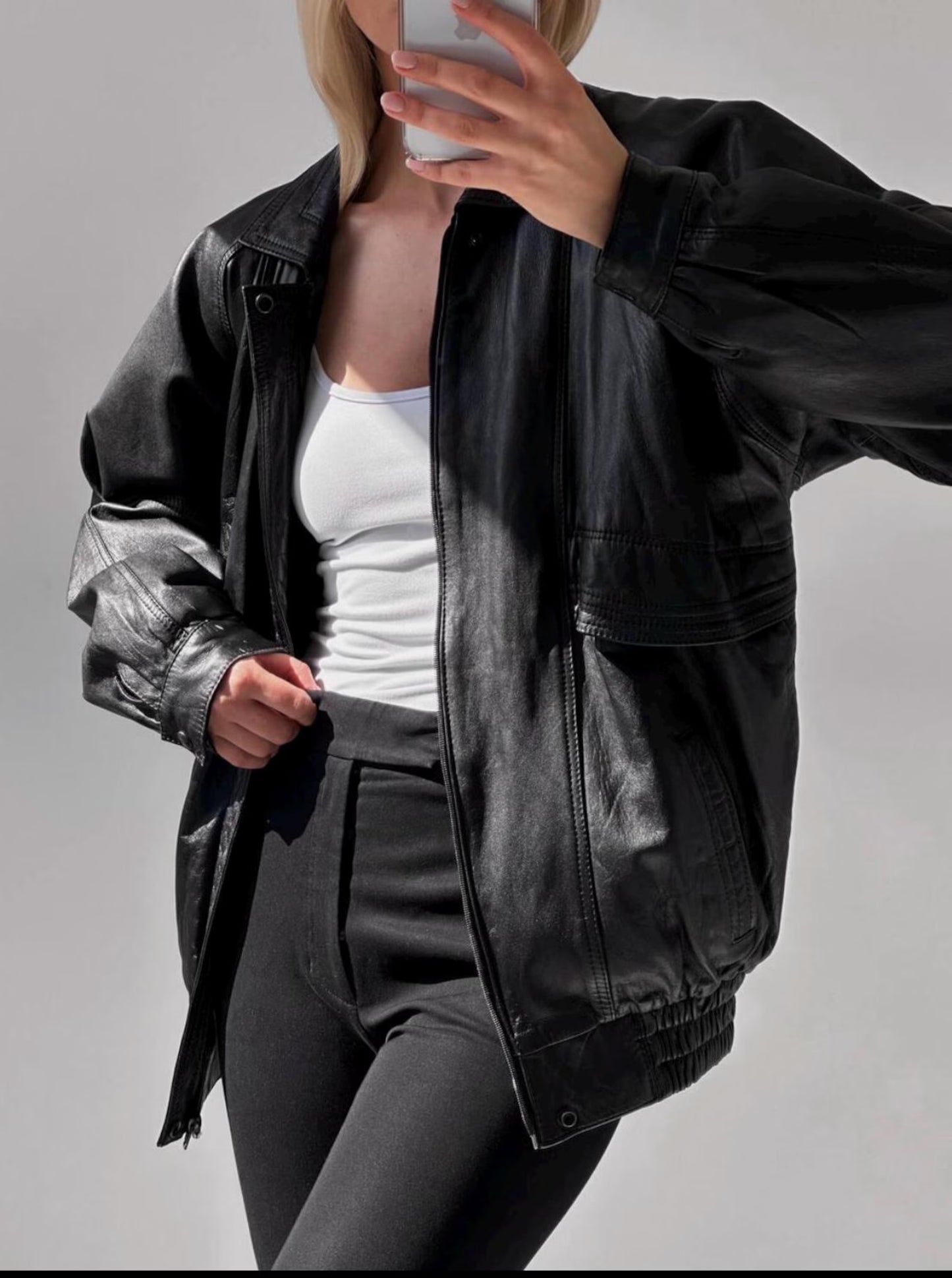 Oversized Black Leather Bomber Jacket: Women's Full Grain Sheep Leather