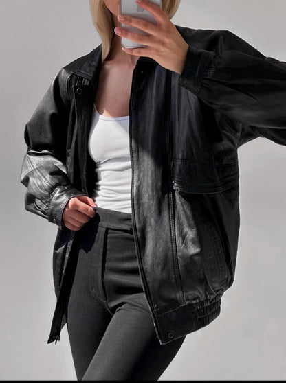Oversized Black Leather Bomber Jacket: Women's Full Grain Sheep Leather