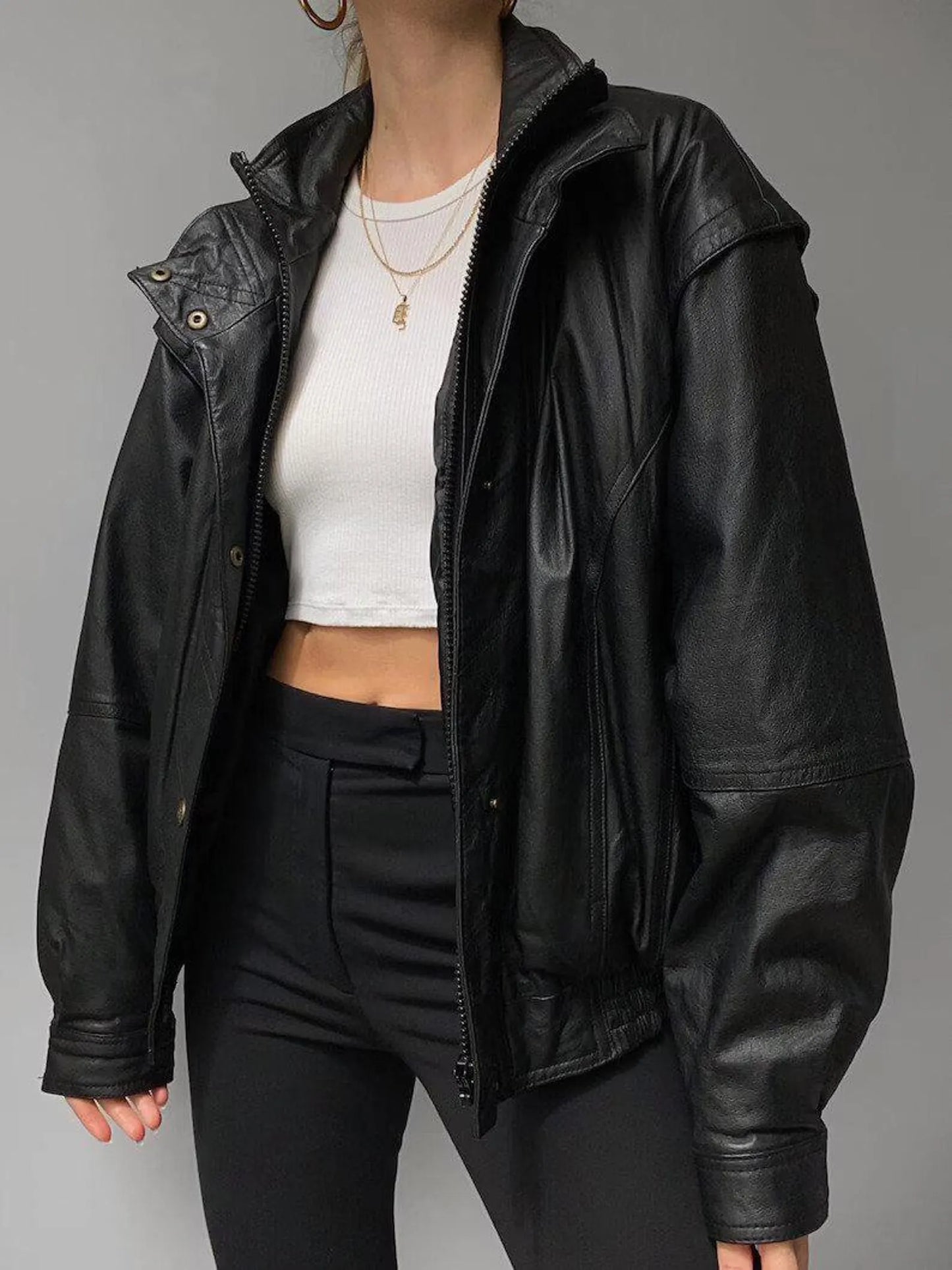 Oversized Black Leather Bomber Jacket, Full Grain Sheep Leather