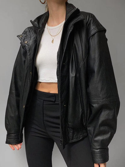 Oversized Black Leather Bomber Jacket, Full Grain Sheep Leather