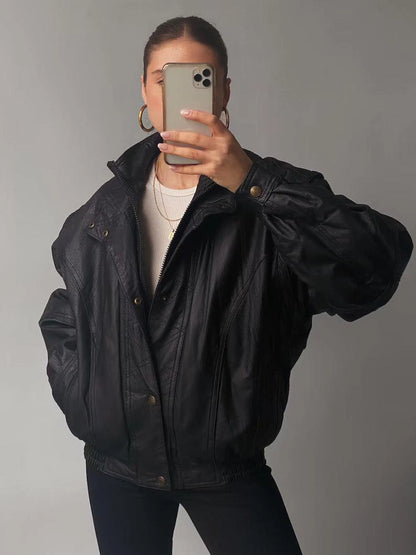 Oversized Black Leather Bomber Jacket, Full Grain Sheep Leather