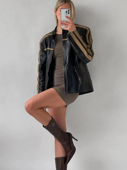 Oversized Sheepskin Leather Biker Jacket: Beige Stripe Moto Jacket