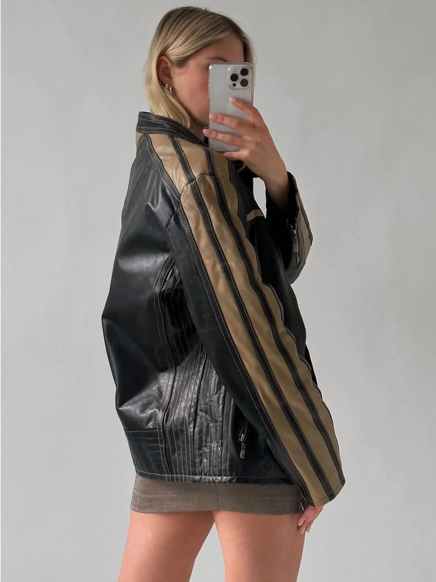 Oversized Sheepskin Leather Biker Jacket: Beige Stripe Moto Jacket