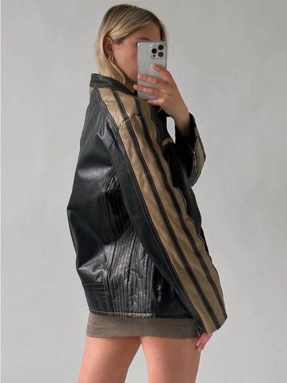 Oversized Sheepskin Leather Biker Jacket: Beige Stripe Moto Jacket