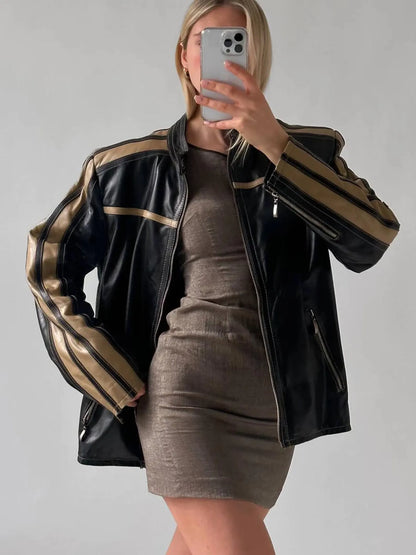 Oversized Sheepskin Leather Biker Jacket: Beige Stripe Moto Jacket