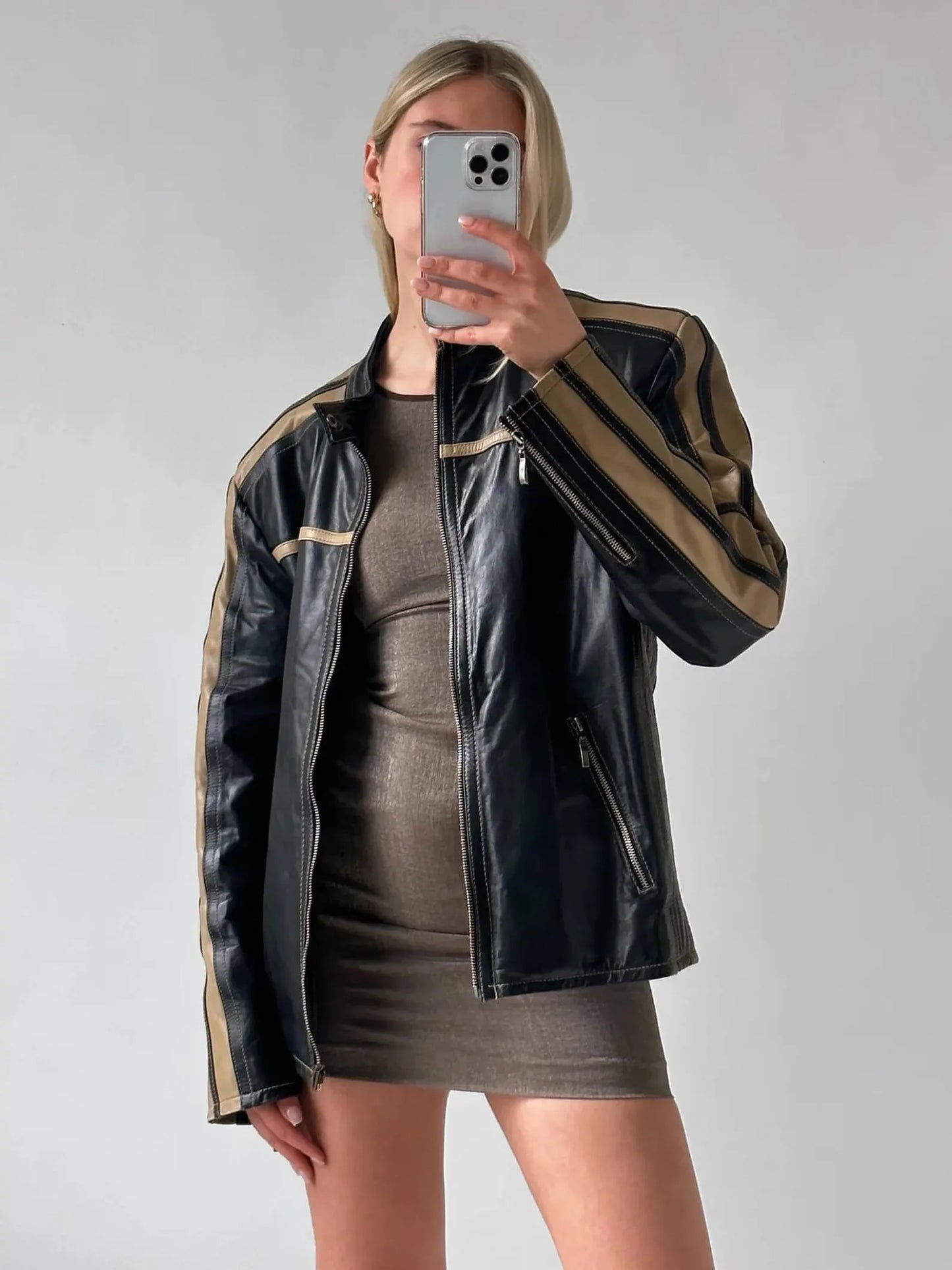 Oversized Sheepskin Leather Biker Jacket: Beige Stripe Moto Jacket