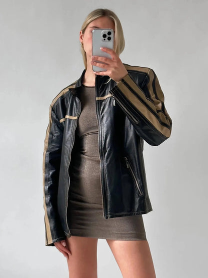 Oversized Sheepskin Leather Biker Jacket: Beige Stripe Moto Jacket