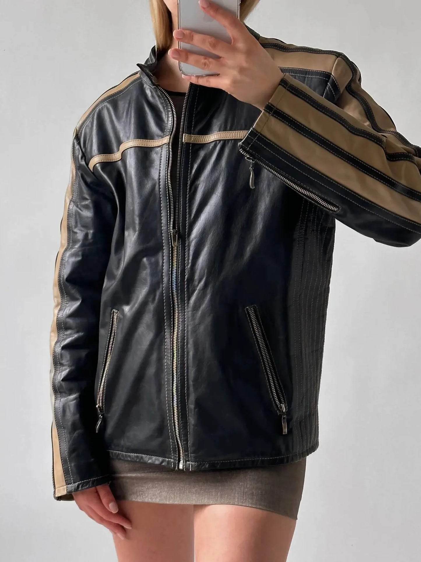 Oversized Sheepskin Leather Biker Jacket: Beige Stripe Moto Jacket