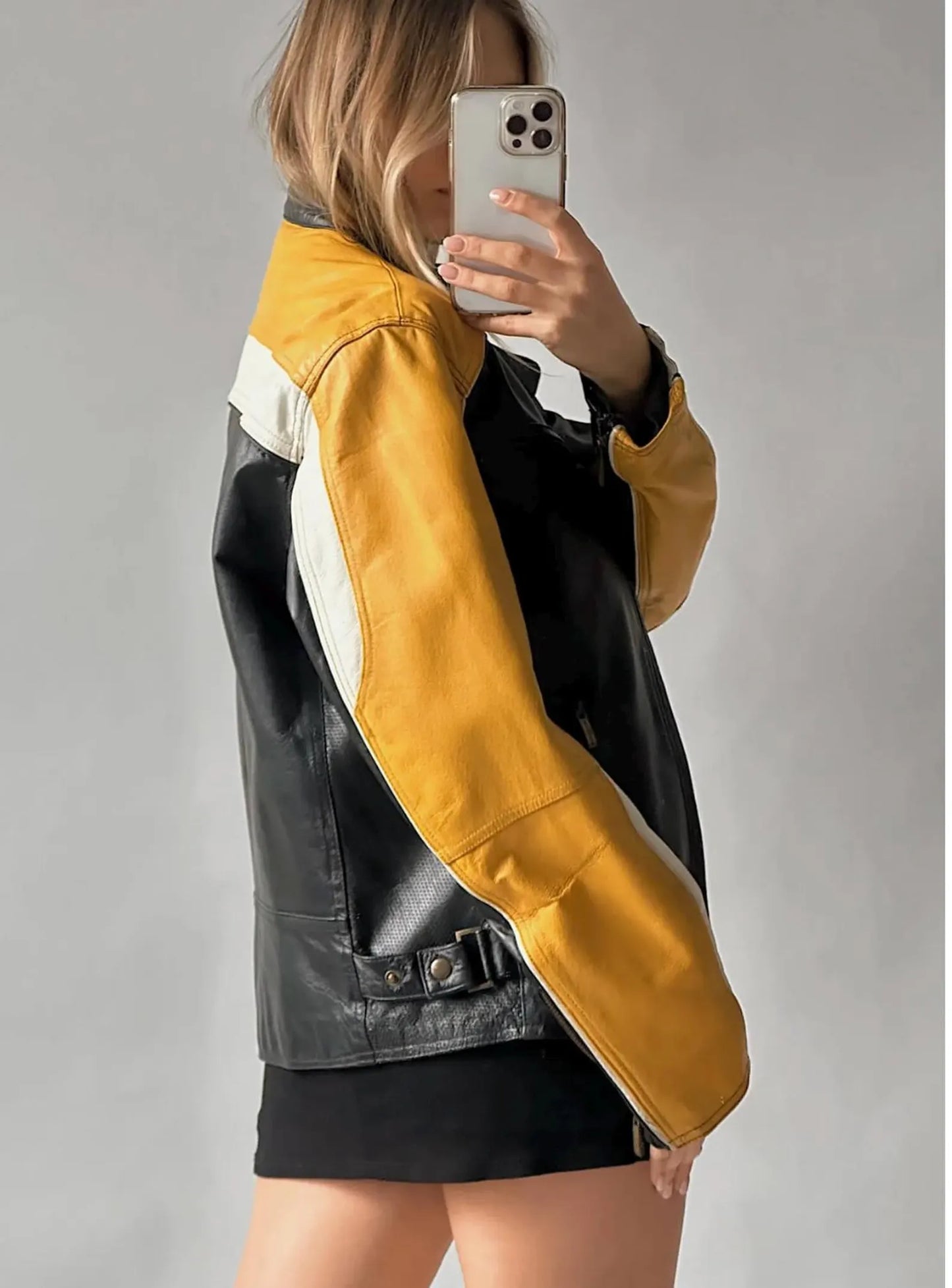 Women's Black Moto Biker Jacket: Yellow Stripe, Sheepskin Leather