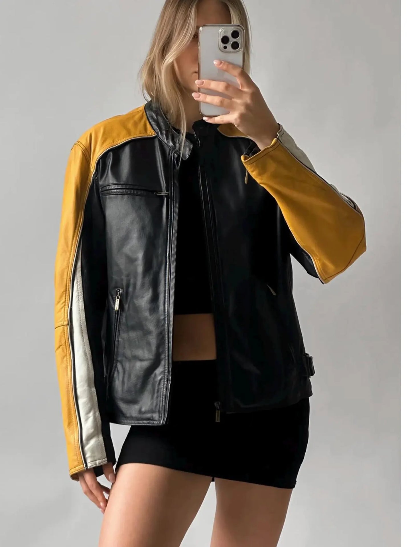 Women's Black Moto Biker Jacket: Yellow Stripe, Sheepskin Leather