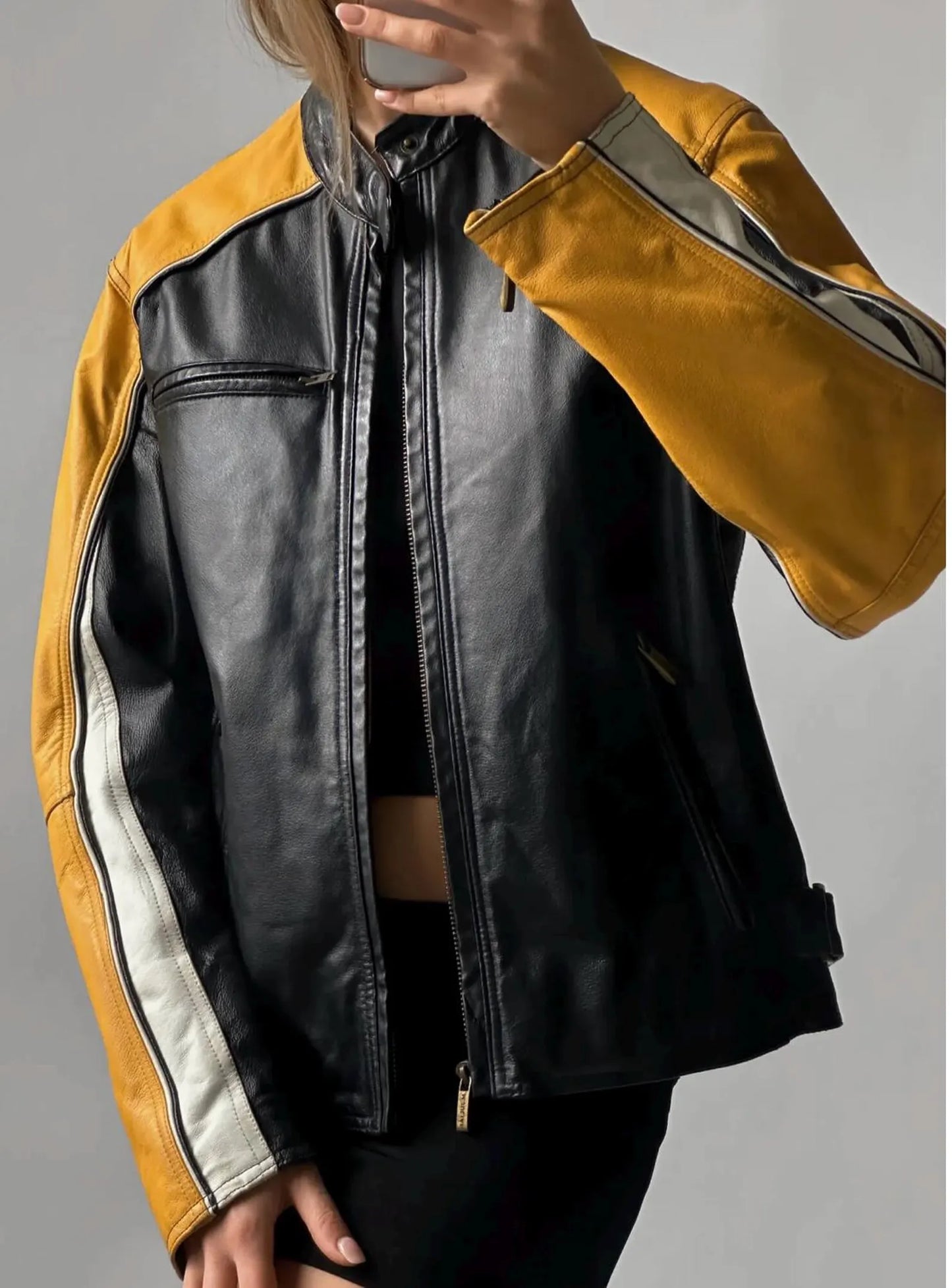 Women's Black Moto Biker Jacket: Yellow Stripe, Sheepskin Leather