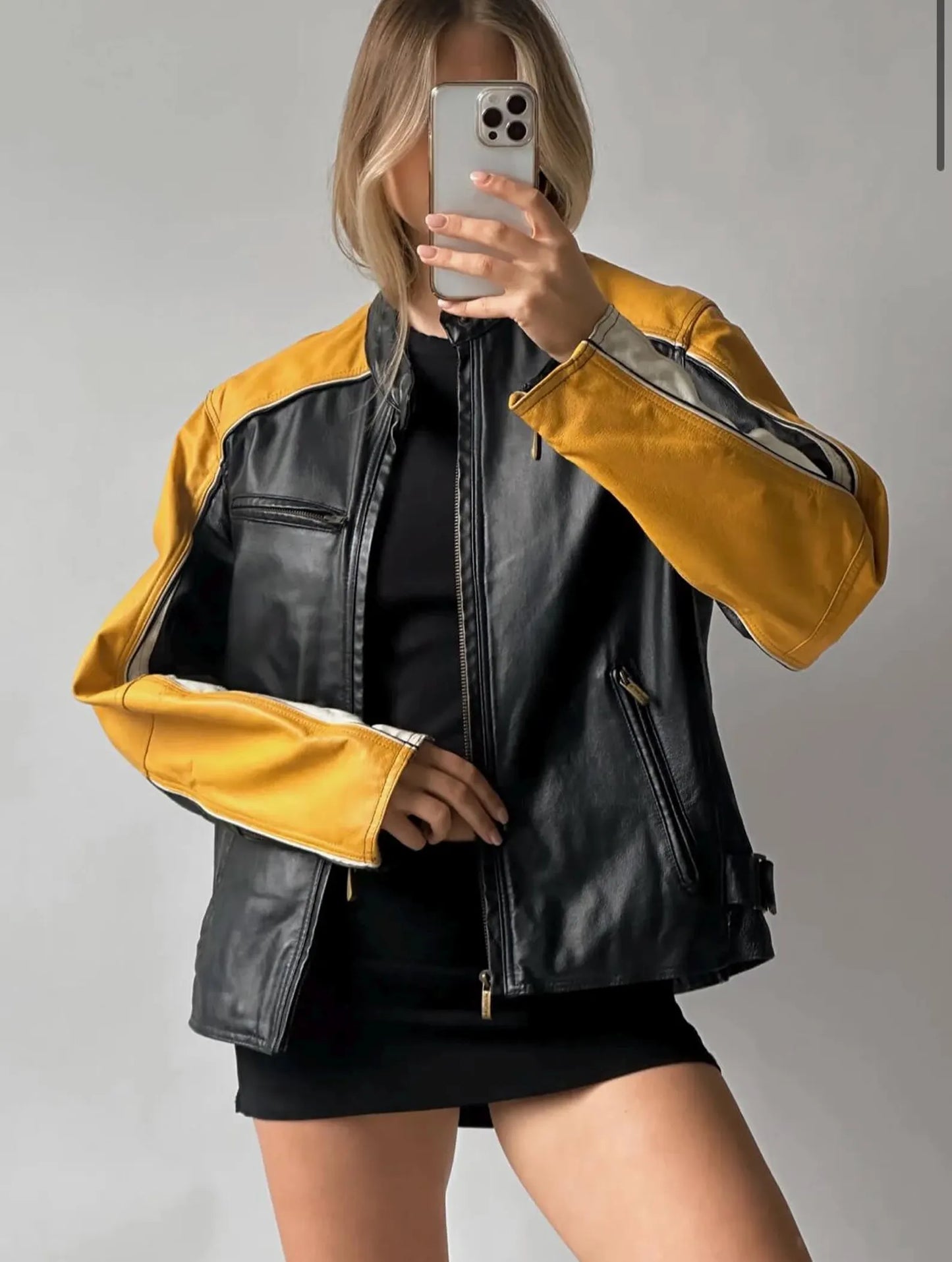 Women's Black Moto Biker Jacket: Yellow Stripe, Sheepskin Leather