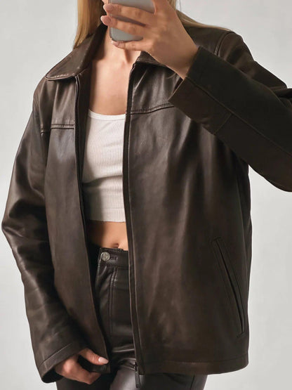 Oversized Brown Leather Bomber Jacket: Women's Soft Sheep Leather