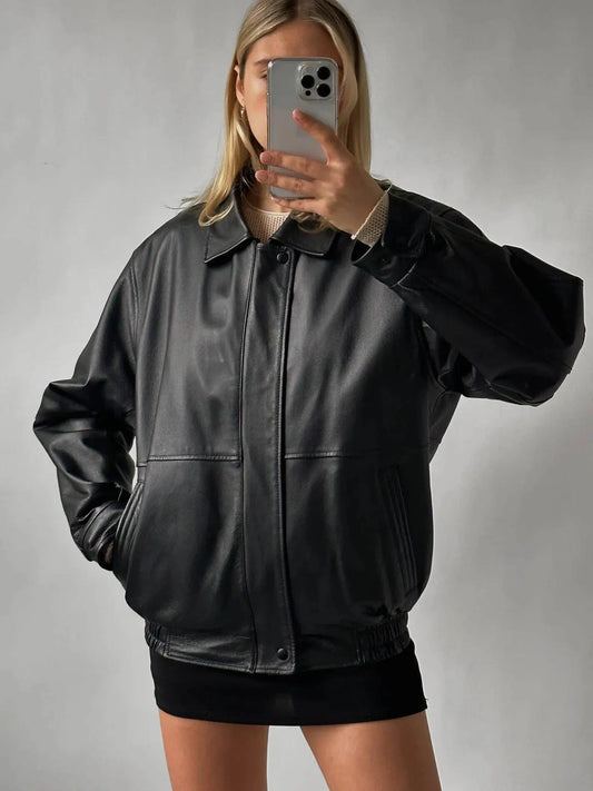 Oversized Black Leather Bomber Jacket: Women's Straight Cut Sheep Leather